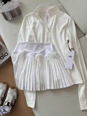 Alo Yoga Pure White Half-Zip Long-Sleeve Set + Pleated Mini Skirt Tennis Style